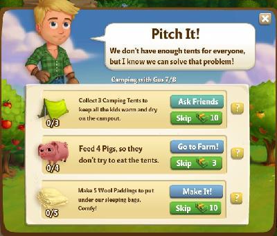 farmville 2 camping with gus: pitch it tasks