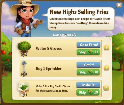 farmville 2 dash for cash: new highs selling fries tasks