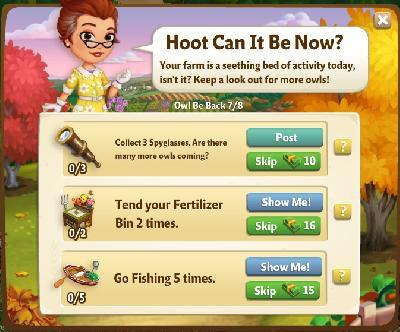 farmville 2 owl be back: hoot can it be now tasks