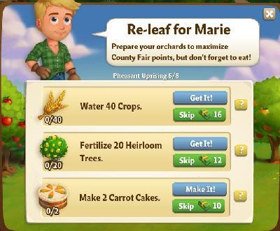 farmville 2 pheasant uprising: re-leaf for marie tasks