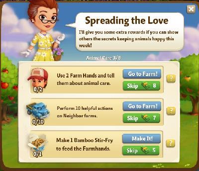 farmville 2 animal care: spreading the love tasks