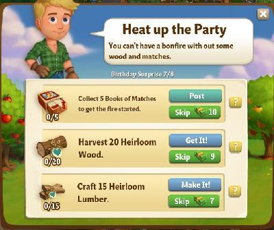 farmville 2 birthday surprise: heat up the party tasks