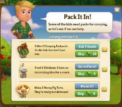 farmville 2 camping with gus: pack it in tasks