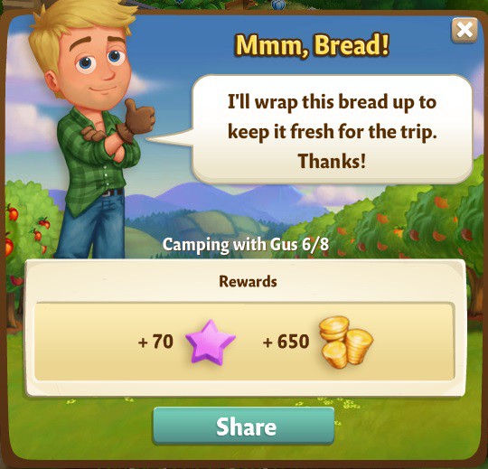 farmville 2 camping with gus: the bread also rises rewards, bonus
