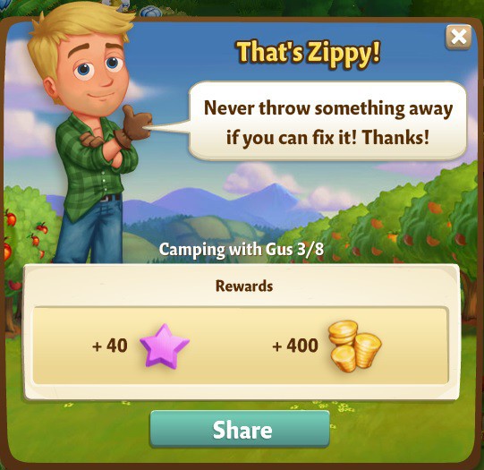 farmville 2 camping with gus: zip it rewards, bonus