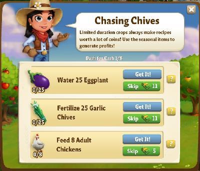 farmville 2 dash for cash: chasing chives tasks