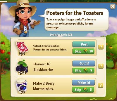 farmville 2 dash for cash: posters for the toasters tasks