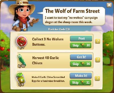 farmville 2 dash for cash: the wolf of farm street tasks