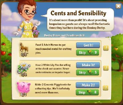 farmville 2 derby dates and deadlines: cents and sensibility tasks