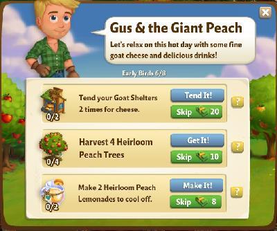 farmville 2 early birds: gus and the giant peach tasks