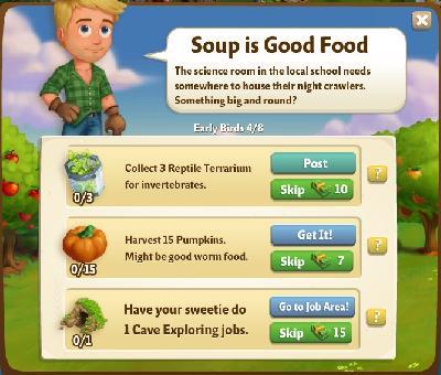 farmville 2 early birds: soup is good food tasks