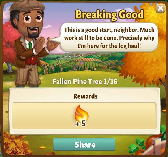 farmville 2 fallen pine tree: break on trough to the otter side rewards, bonus