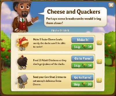 farmville 2 fit the bill: cheese and quackers tasks