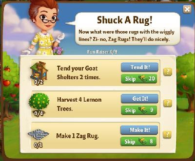 farmville 2 fun raiser: shuck a rug tasks