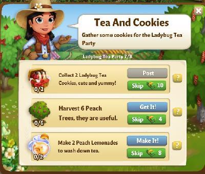 farmville 2 ladybug tea party: tea and cookies tasks