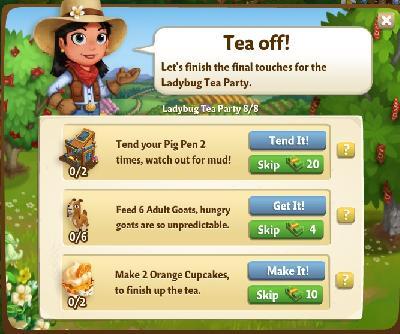 farmville 2 ladybug tea party: tea off tasks