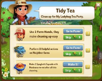 farmville 2 ladybug tea party: tidy tea tasks