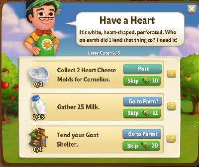 farmville 2 later cater: have a heart tasks