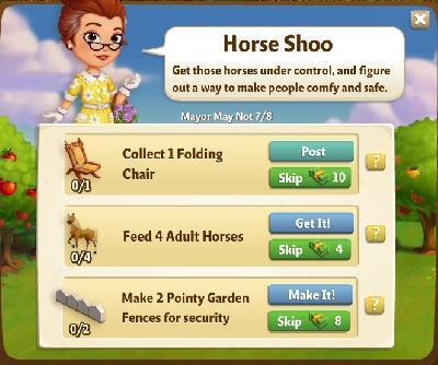 farmville 2 mayor may not: horse shoo tasks