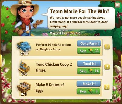 farmville 2 mayoral election: team marie for the win tasks