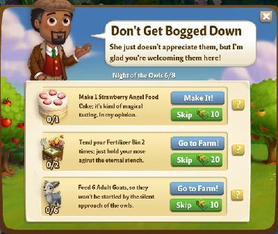 farmville 2 night of the owls: don't get bogged down tasks