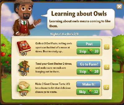 farmville 2 night of the owls: learning about owls tasks