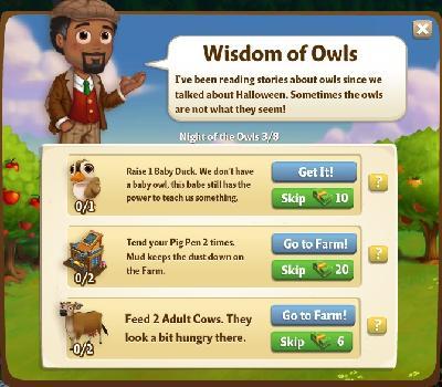 farmville 2 night of the owls: wisdom of owls tasks