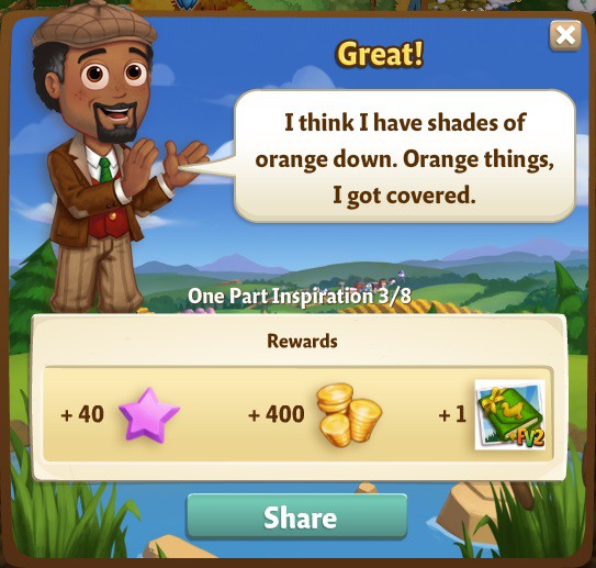 farmville 2 one part inspiration: shades of orange rewards, bonus