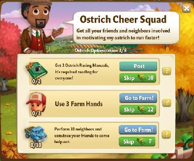 farmville 2 ostrich optimization: ostrich cheer squad tasks