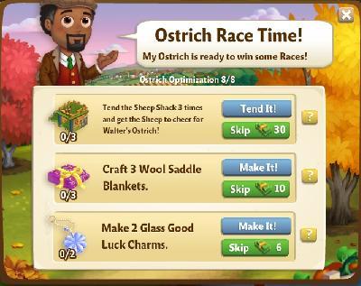 farmville 2 ostrich optimization: ostrich race time tasks