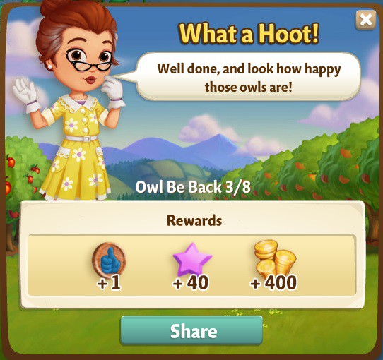 farmville 2 owl be back: brown eyed owl rewards, bonus