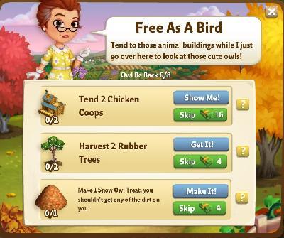 farmville 2 owl be back: free as a bird tasks