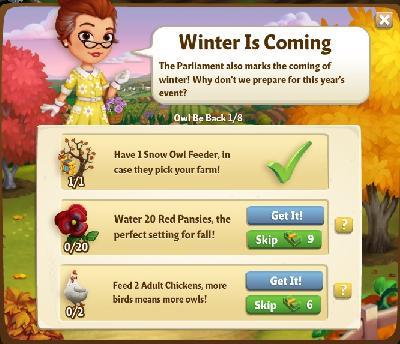 farmville 2 owl be back: winter is coming tasks