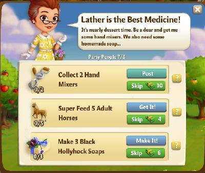 farmville 2 party people: lather is the best medicine tasks