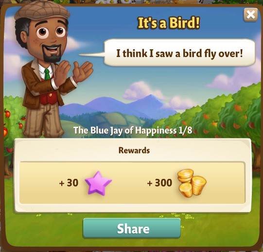 farmville 2 the blue jay of happiness: look up in the sky rewards, bonus