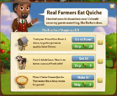 farmville 2 the blue jay of happiness: real farmers eat quiche tasks