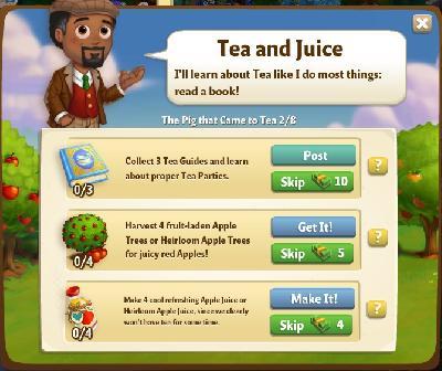 farmville 2 the pig that came to tea: tea and juice tasks