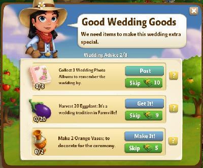 farmville 2 wedding advice: good wedding goods tasks