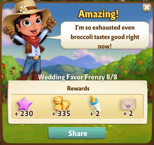 farmville 2 wedding favor frenzy: all tuckered out rewards, bonus