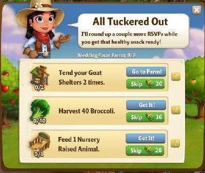 farmville 2 wedding favor frenzy: all tuckered out tasks