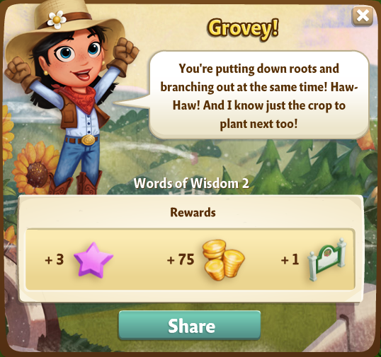 farmville 2 words of wisdom: branching out rewards, bonus