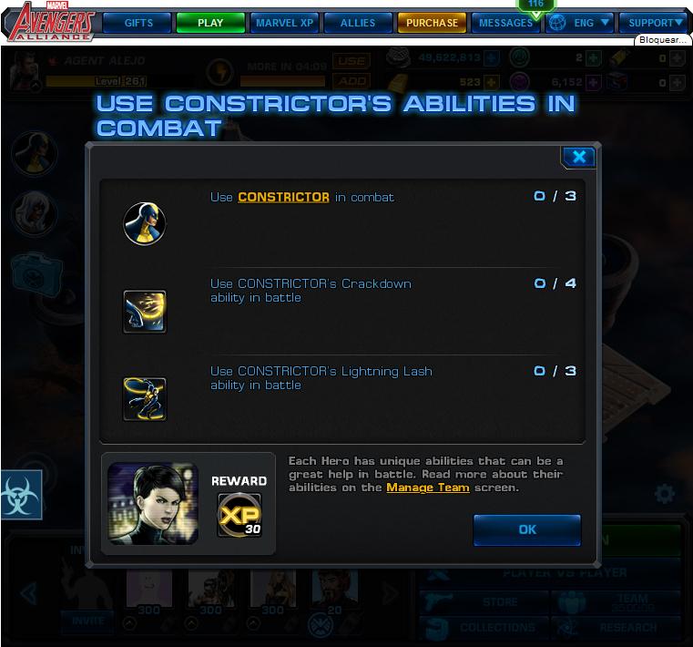 marvel avengers alliance use constrictor's abilities in combat rewards, bonus