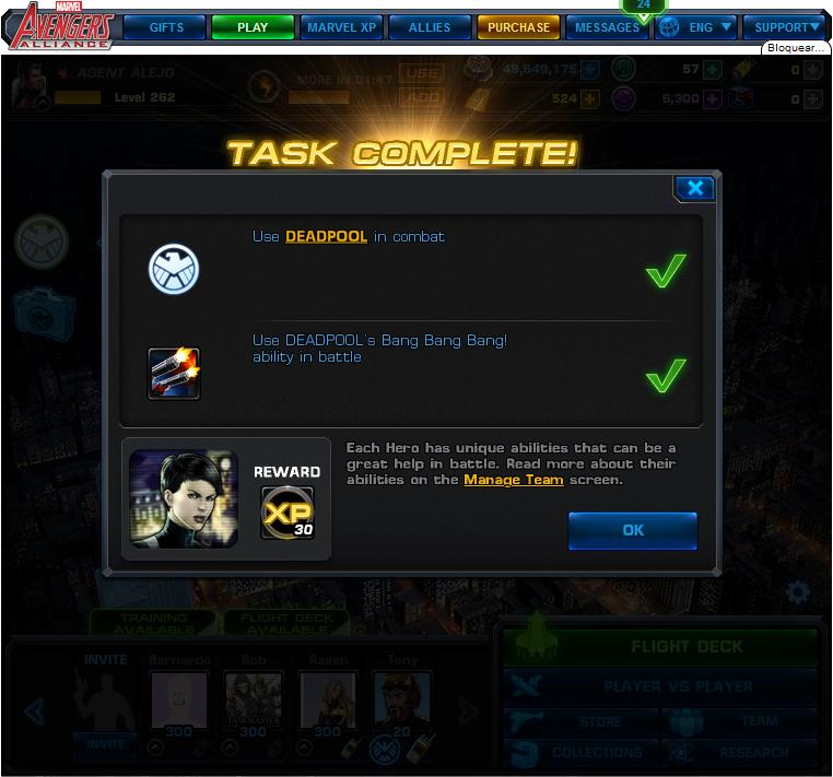 marvel avengers alliance use deadpool's abilities in combat rewards, bonus